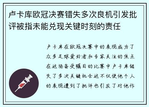 卢卡库欧冠决赛错失多次良机引发批评被指未能兑现关键时刻的责任