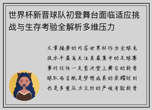 世界杯新晋球队初登舞台面临适应挑战与生存考验全解析多维压力