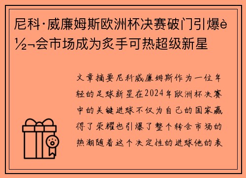 尼科·威廉姆斯欧洲杯决赛破门引爆转会市场成为炙手可热超级新星 尼科·威廉姆斯欧洲杯决赛破门引爆转会市场成为炙手可热超级新星